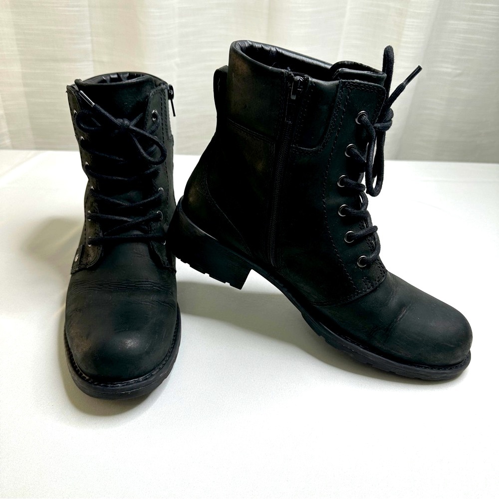 Clarks Orinoco Black Leather Combat Boots Lace-Up Side Zip Women’s 9.5